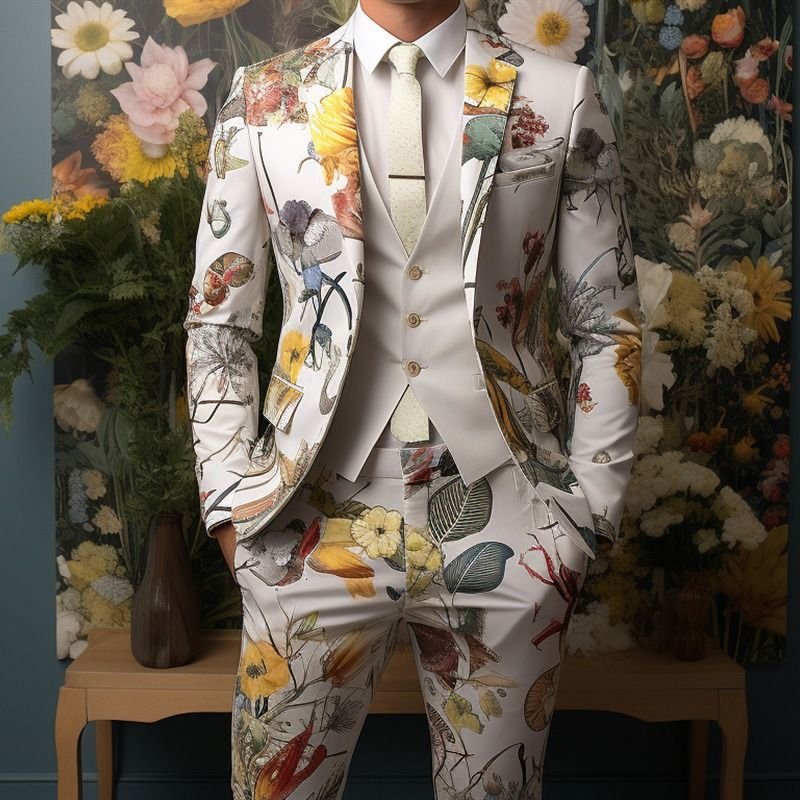 Men Fashion Casual Party Floral Print Long Sleeve Lapel Suit Trousers Set