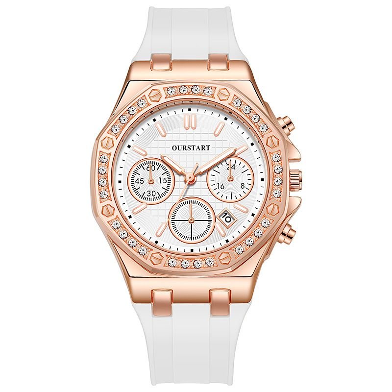 Women Fashion Calendar Rhinestone Quartz Silicone Watch