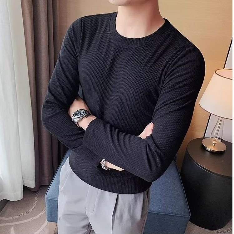 Men Basic Casual Solid Color Rib-Knit Long Sleeve Round Neck T-Shirt