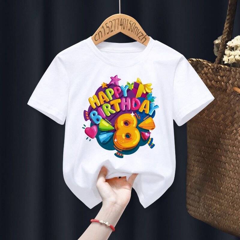 Happy Birthday Kids Basic Round Neck Short Sleeve Letter Figure Pattern Casual T-shirt