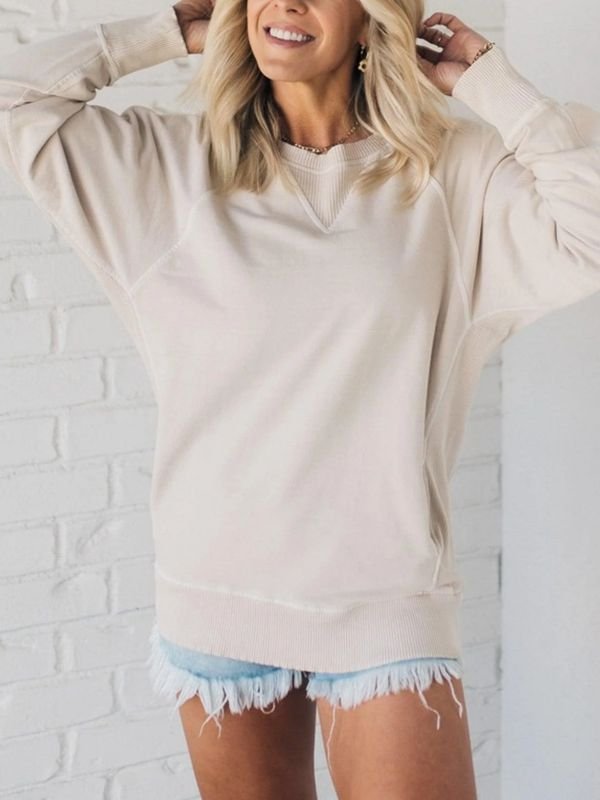 Autumn Winter Women Fashion Loose Solid Color Round Neck Long Sleeve Sweatshirt