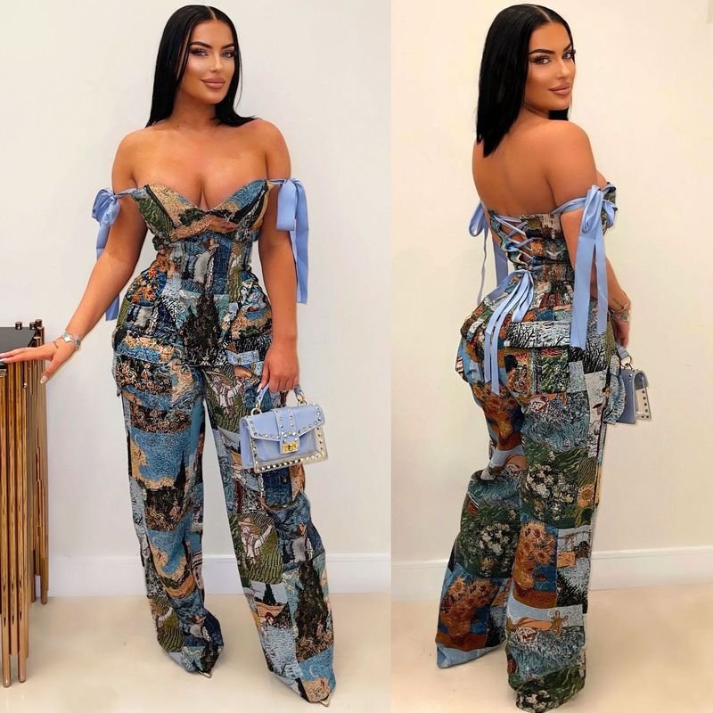 Women Fashion Oil Painting Pattern Print Strap Top And Drawstring Multi-Pocket Pants Two-Piece Set