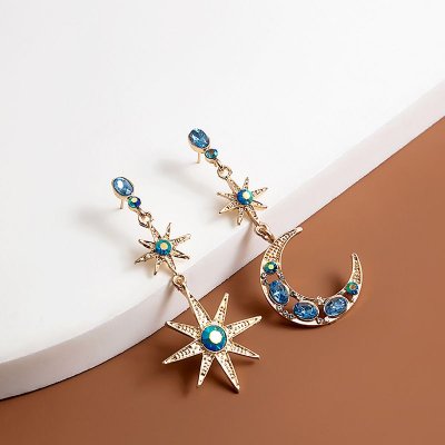 Women Retro Ethnic Moon Devil Eye Crystal Pendant Earrings