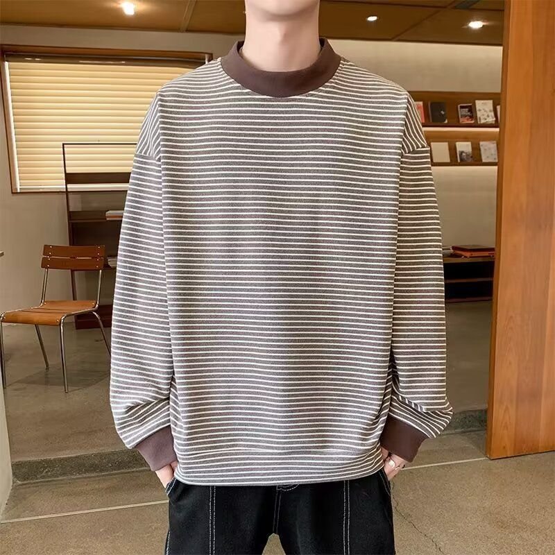 Men Fashion Casual Stripe Print Loose Long Sleeve O Neck T-Shirt