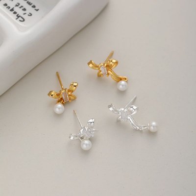 Women Simple Fashion Sterling Silver Bow Pearl Earrings