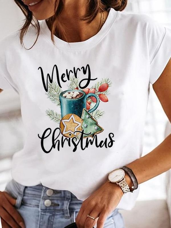 Women Happy Christmas Casual Short Sleeve Basic T-Shirt