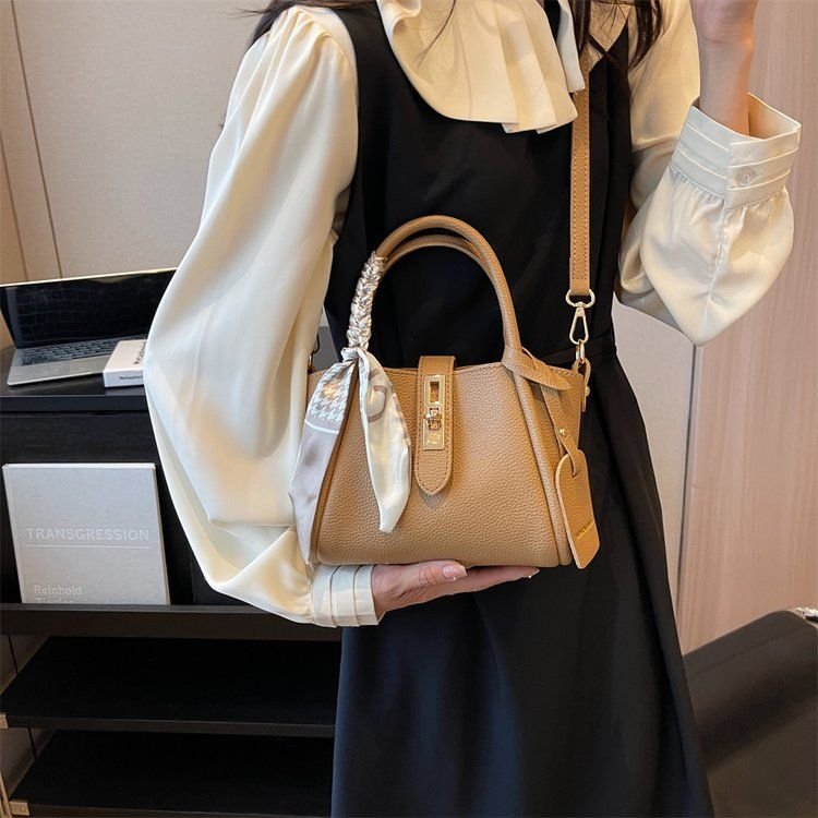 Women Fashion Simple Silk Scarf Decorative Handle Shoulder Bucket Bag