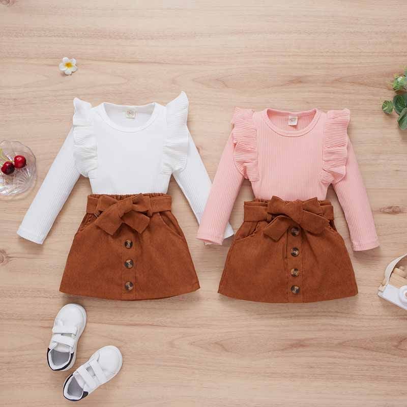 Kids Toddler Girls Spring Autumn Casual Cute Solid Color Rib-Knit Long Sleeve Top Skirt Sets