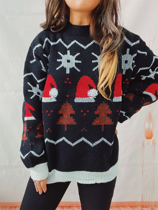 Women Fashion Christmas Tree Christmas Hat Crewneck Long Sleeve Knitted Sweater