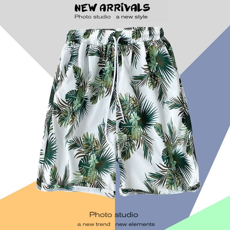 Men Casual Color Blocking Floral Printed Drawstring Beach Shorts