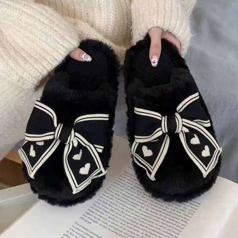 Autumn Winter Women Fashion Plus Size Plush Warm Bow Decorative Home Slippers