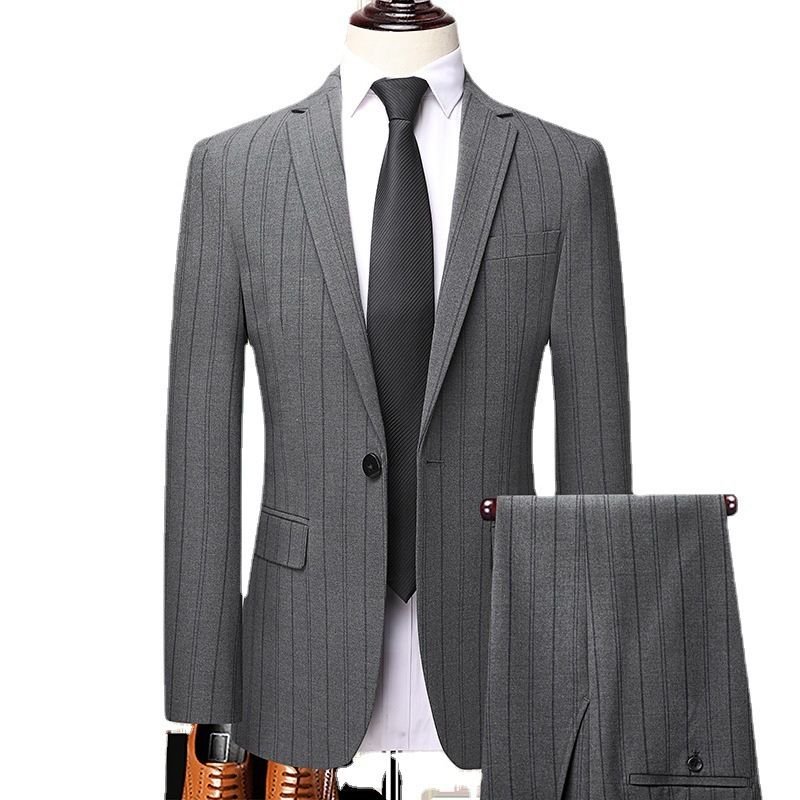 Men Fashion Business Office Stripe Long Sleeve Lapel Suit Pants Plus Size Sets