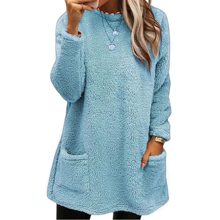 Autumn Winter Women Loose Solid Color Plush Long Sleeve Sweatshirt