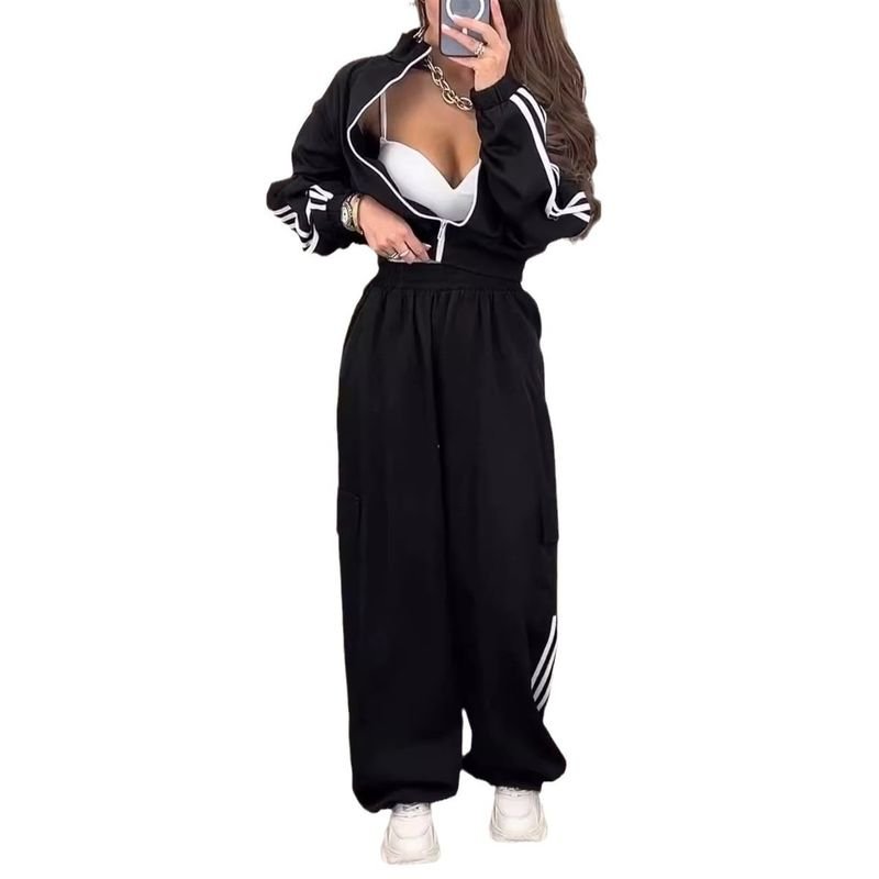 Winter Autumn Fashion Athleisure Style Women Stripe Long Sleeve Zipper Sweatshirt Fashion Casual Pants Set