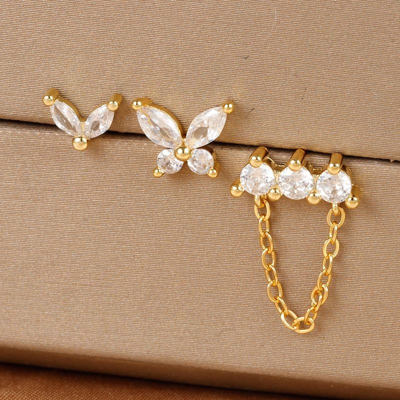 Women Simple Butterfly Rhinestone Piercing Earrings 3 Pcs-Set