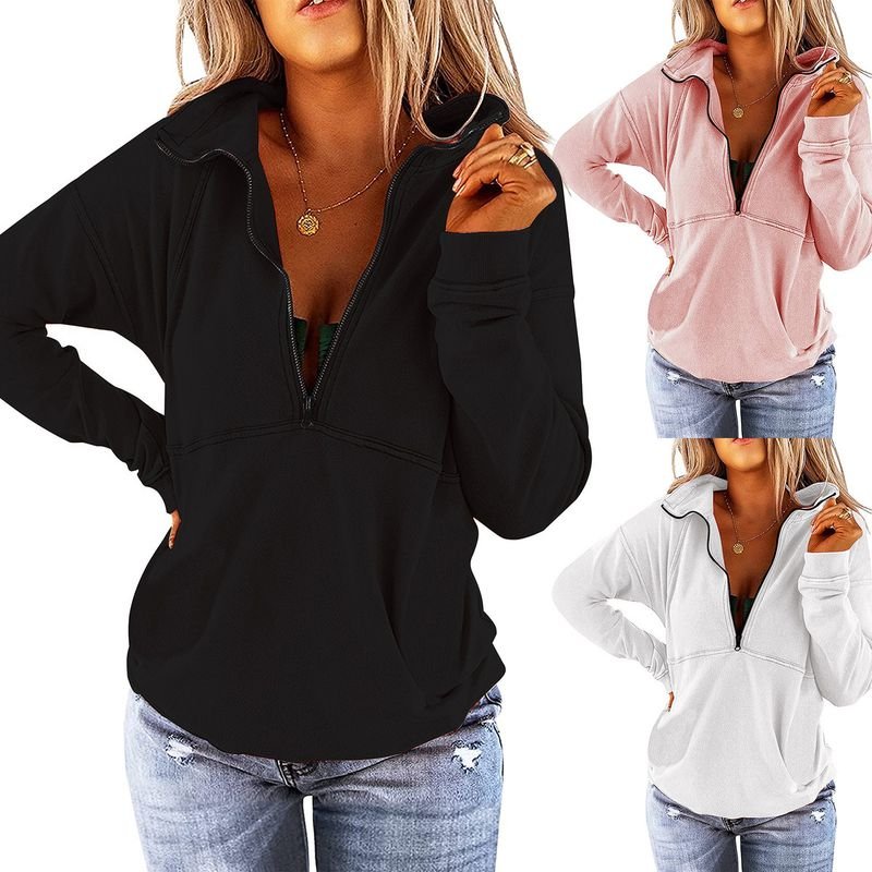 Autumn Winter Women Casual Solid Color Stand Collar Long Sleeve Zipper Blank Sweatshirt