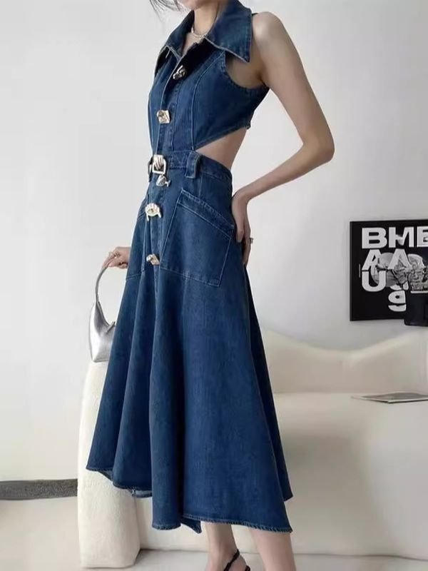 Sexy Women Fashion Lapel Deep V Split Hem Cut Out Maxi Denim Dress