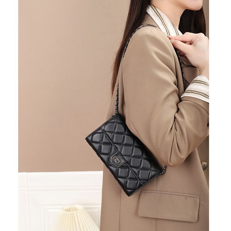 Women Fashion Solid Color Diamond Embroidery Flap Lock Leather Crossbody Bag