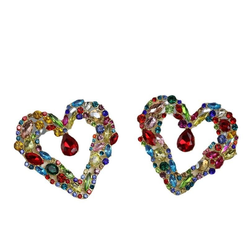 Women Fashion Heart Shaped Rhinestone Hollow Earrings