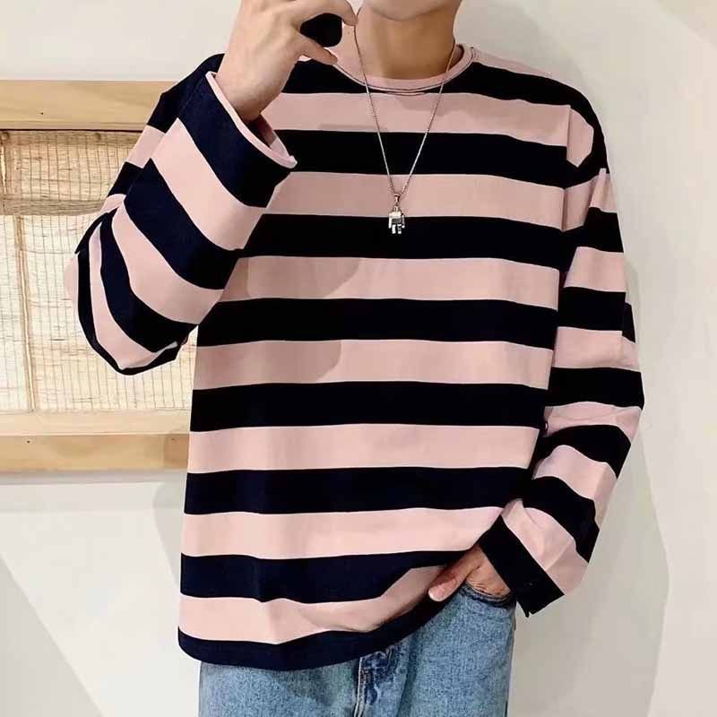 Men Fashion Casual Stripe Print Loose Long Sleeve Round Neck T-Shirt