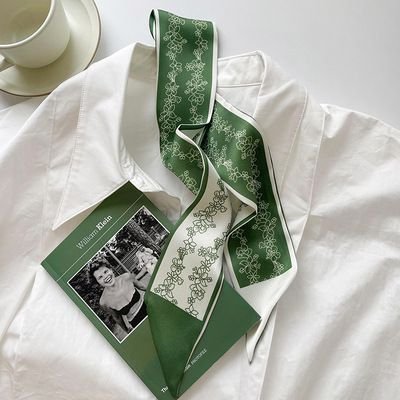 Women Simple Floral Print Long Thin Ribbon Silk Scarf