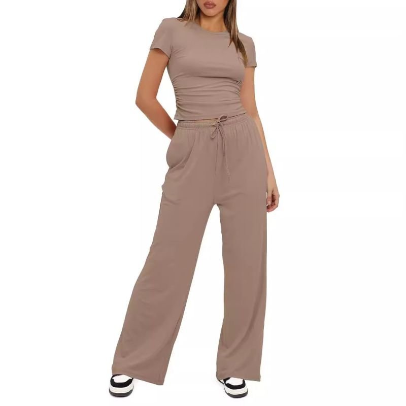 Women Casual Solid Color Short-Sleeved Top High Waist Wide-Leg Trousers Sportswear Set