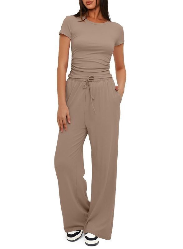 Women Casual Solid Color Short-Sleeved Top High Waist Wide-Leg Trousers Sportswear Set