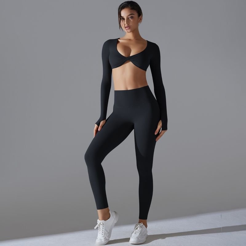 Women Fashion Sports Fitness Long Sleeve Top Yoga Pants Two-Piece Set