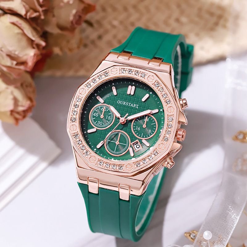 Women Fashion Calendar Rhinestone Quartz Silicone Watch