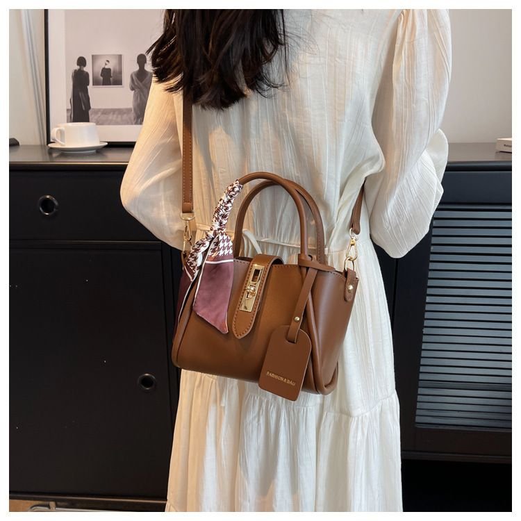 Women Fashion Simple Silk Scarf Decorative Handle Shoulder Bucket Bag
