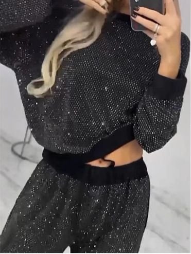 Autumn And Winter Women Glitter Sequin Long Sleeve Round Neck Loose Top Drawstring Wide Leg Pants Two-Piece Set
