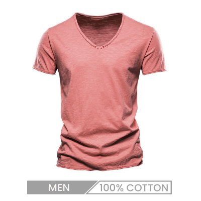 Summer Men Solid Color 100% Cotton V Neck Short-Sleeved Custom T-Shirt