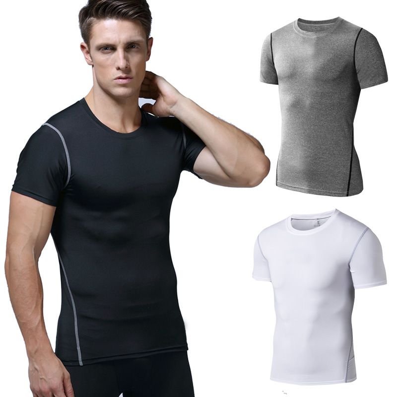 Men Casual Basic Solid Color Quick Drying Short Sleeve Round Neck Sports Tight T-Shirt