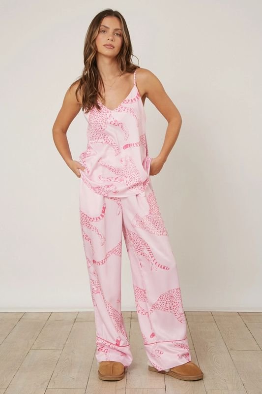 Summer Women Fashion V-Neck Tiger Cheetah Print Sling Home Pajamas Set