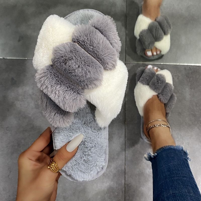 Autumn Winter Women Fashion Plus Size Cross Plush Warm Home Slippers