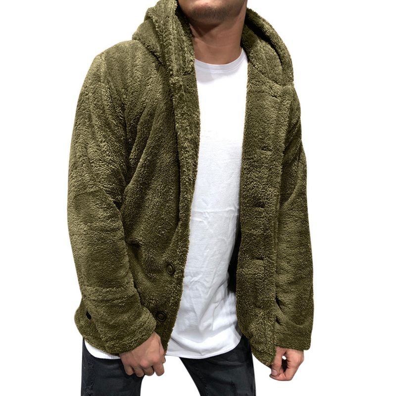 Men Autumn Winter Fashion Casual Solid Color Plush Long Sleeve Hooded Coat