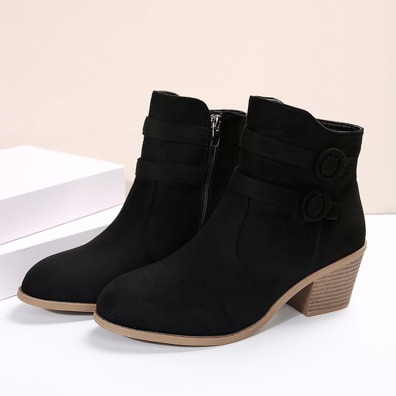 Autumn Winter Women Vintage Plus Size Belt Buckle Side Zipper Chunky Heel Short Boots