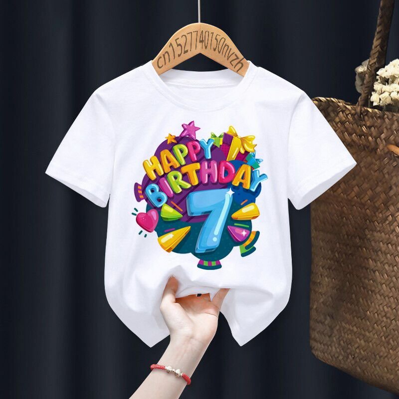 Happy Birthday Kids Basic Round Neck Short Sleeve Letter Figure Pattern Casual T-shirt