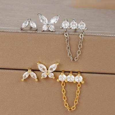 Women Simple Butterfly Rhinestone Piercing Earrings 3 Pcs-Set