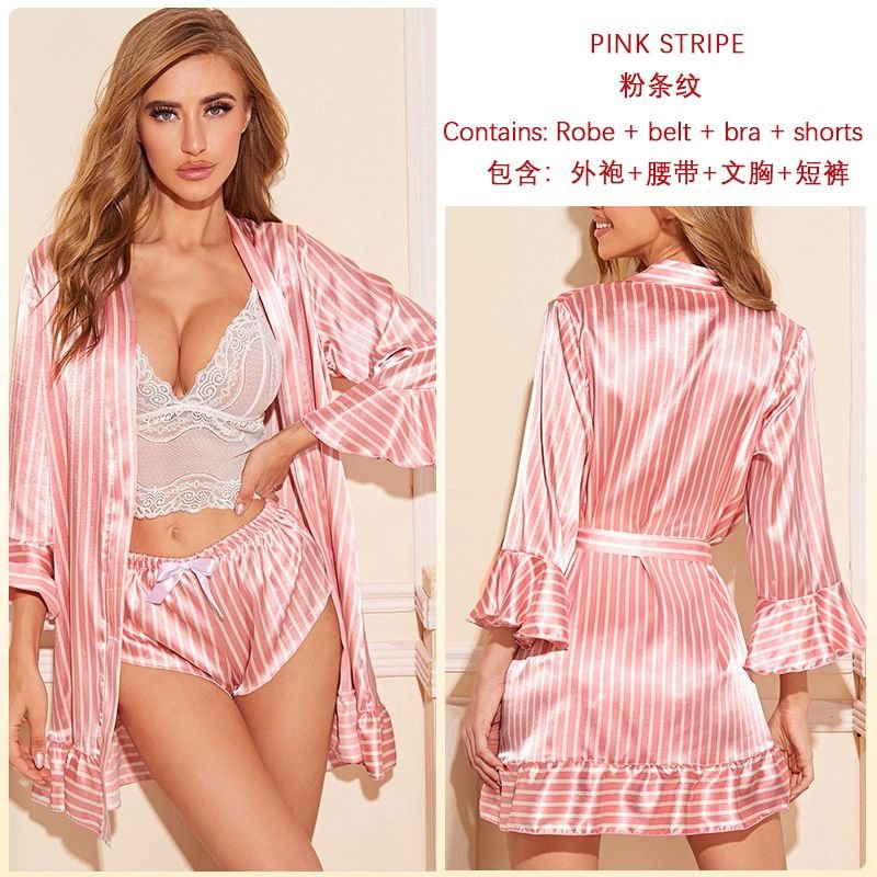 Summer Women Fashion Sexy Silk Stripe Heart-Shaped Printed Home Pajamas Set