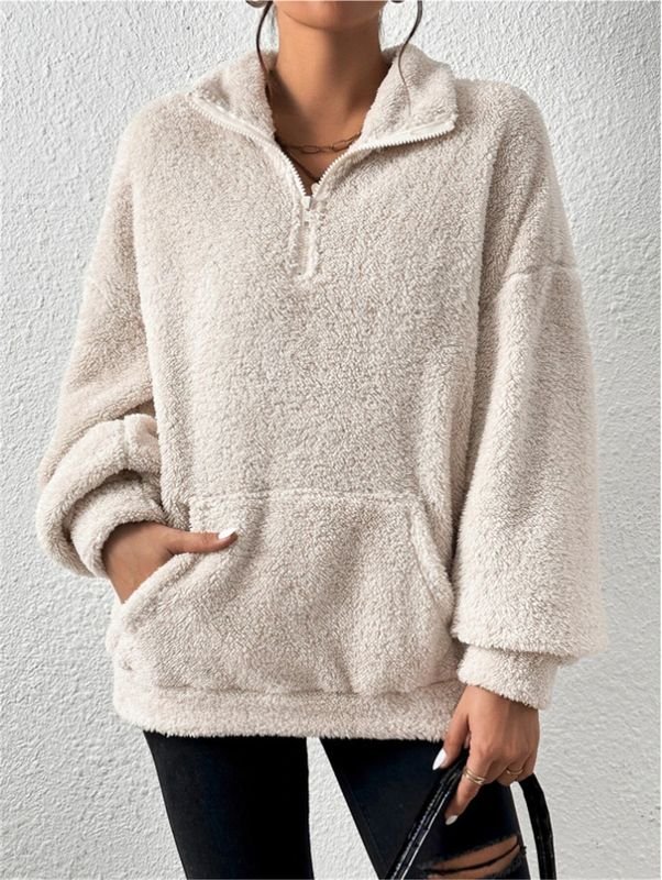 Women Autumn And Winter Casual Solid Color Plush Stand Collar Pocket Sweatshirt