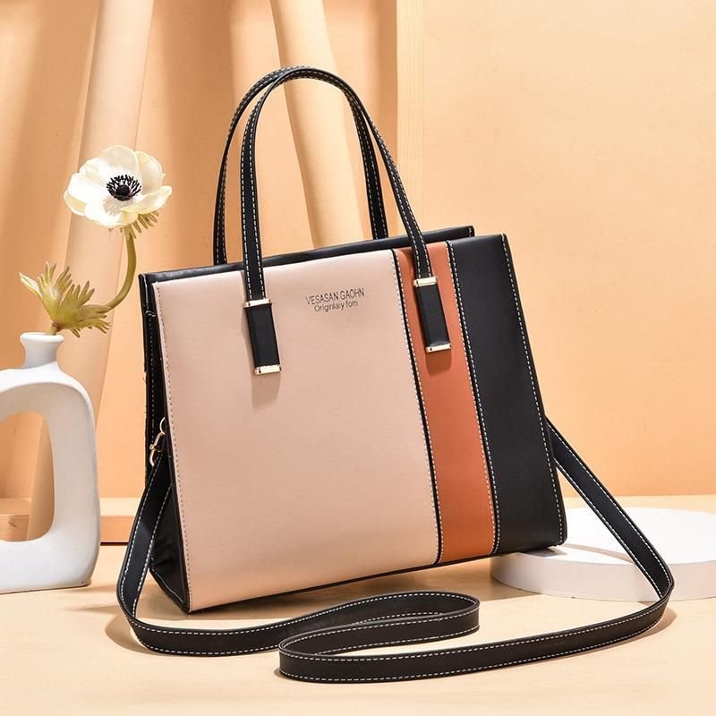 Women Fashion Color Block Large Capacity PU Handbag