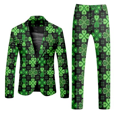 Men Fashion Casual St. Patrick Day Party Letters Clover 3D Print Long Sleeve Lapel Suit Trousers Set