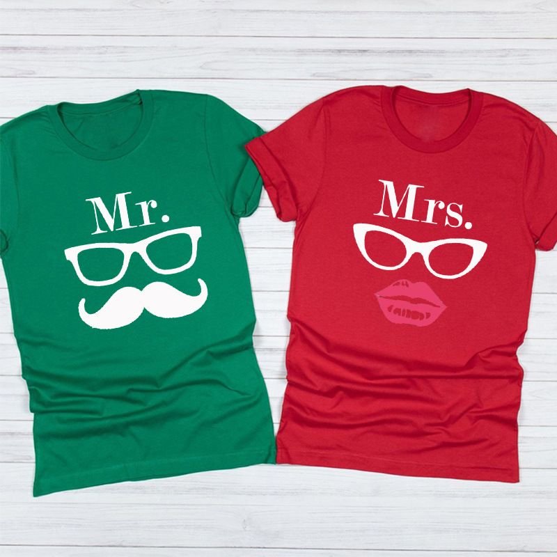 Valentine Day Cartoon Creative Glasses Bow Beard Printed Round Neck Short Sleeve Couple T-Shirt