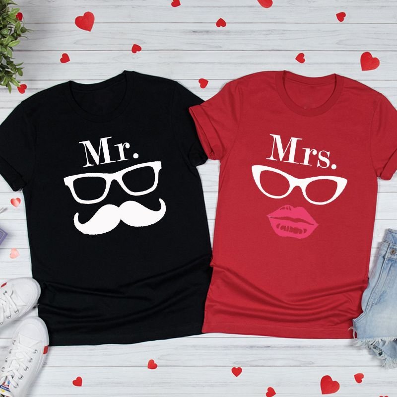 Valentine Day Cartoon Creative Glasses Bow Beard Printed Round Neck Short Sleeve Couple T-Shirt