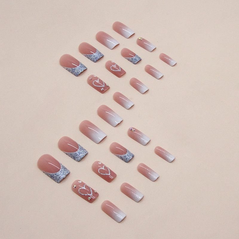 Mid-Length Square Shiny Glitter Nail Art Sweet Heart White Gradient French Fake Nail