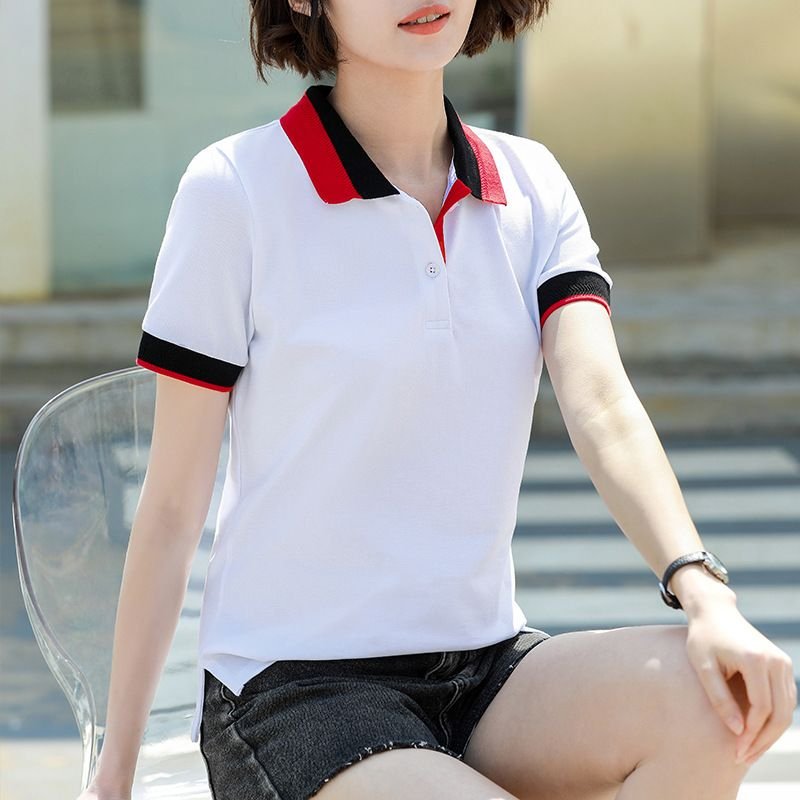 Elegant Office Women Cotton Lapel Short Sleeve Slim Half Sleeve Polo Shirt Custom