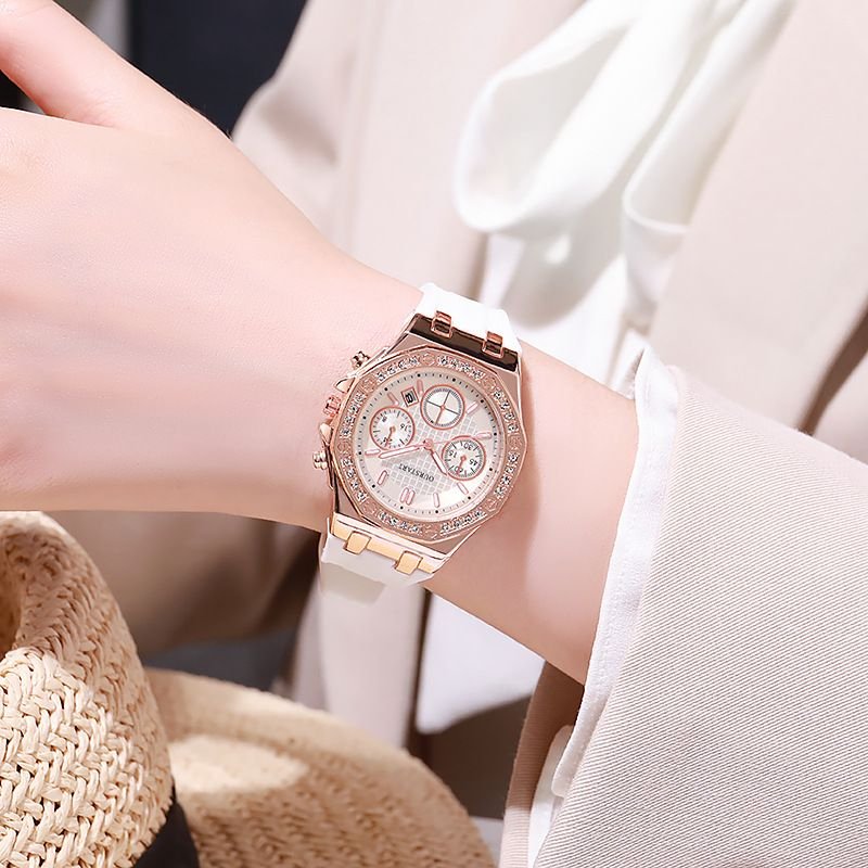 Women Fashion Calendar Rhinestone Quartz Silicone Watch