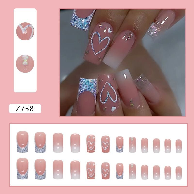 Mid-Length Square Shiny Glitter Nail Art Sweet Heart White Gradient French Fake Nail