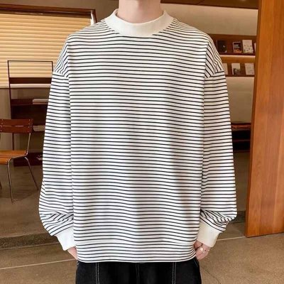 Men Fashion Casual Stripe Print Loose Long Sleeve O Neck T-Shirt